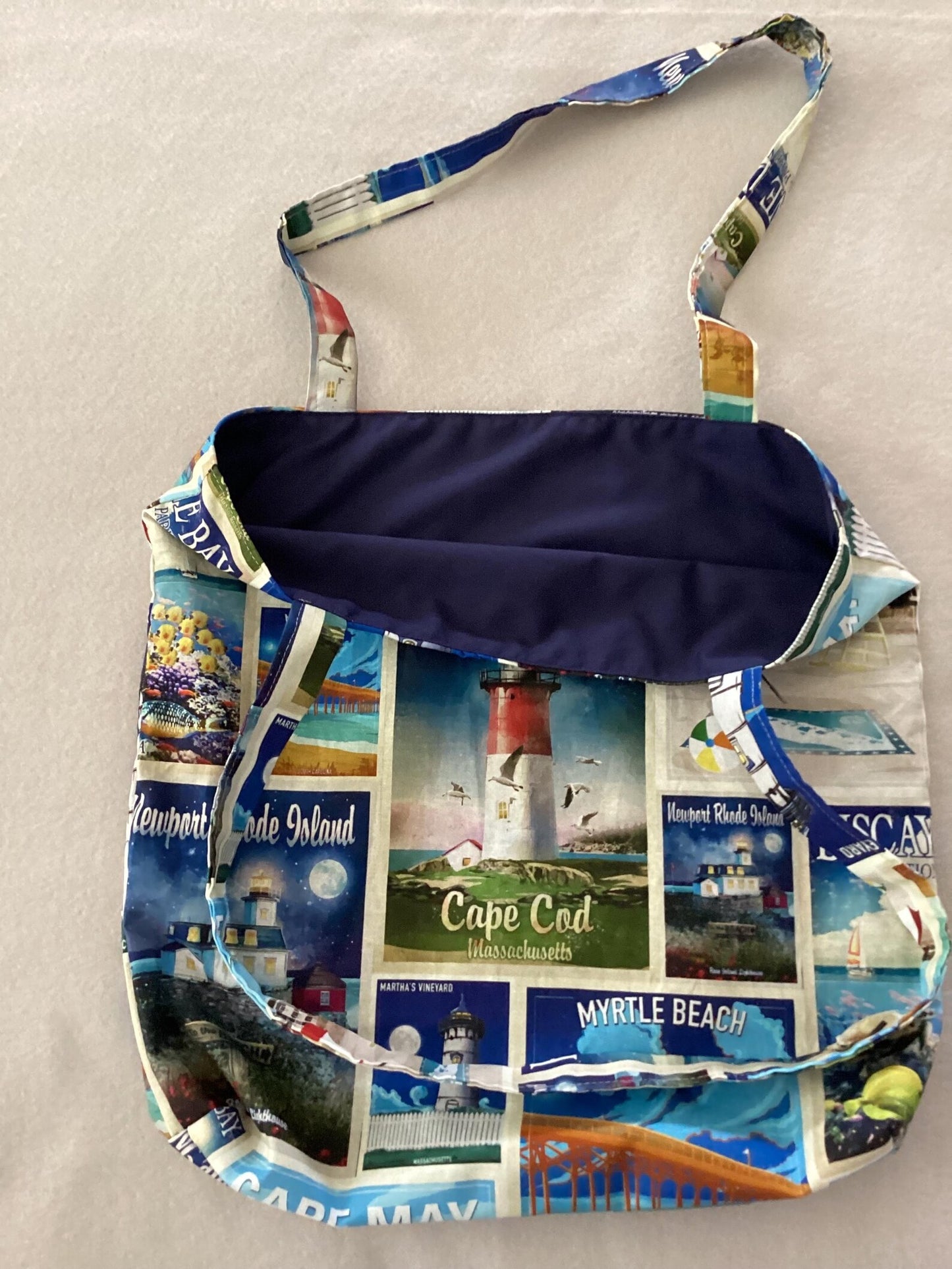 Handmade Reversible Lined Medium Size Tote Bag of Lighthouses
