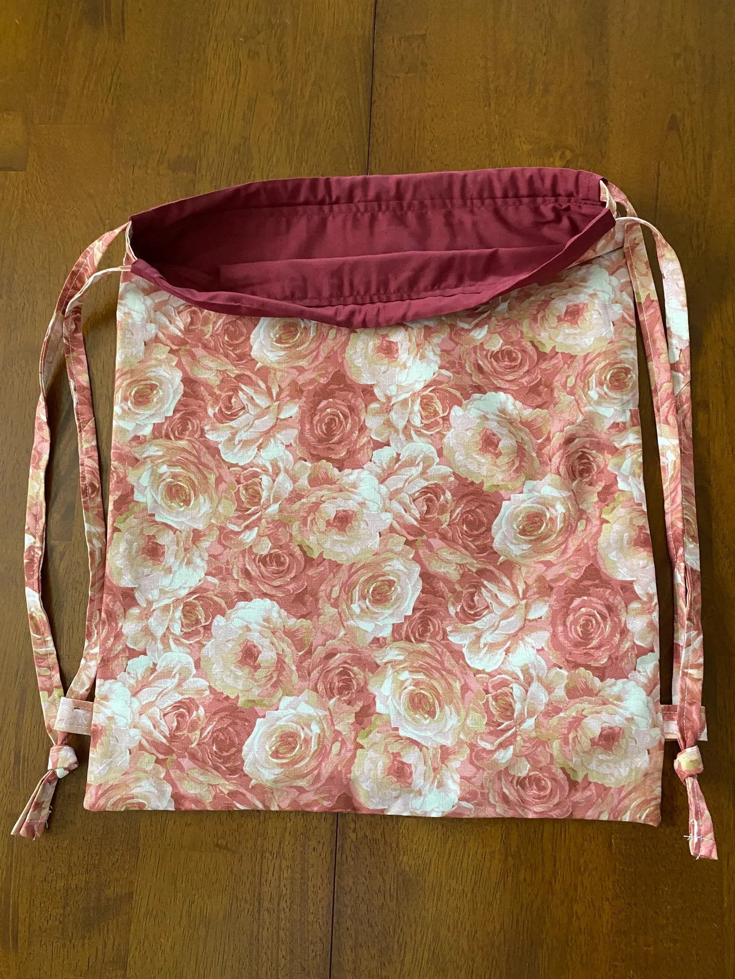 Handmade Child Pink Roses Backpack With Draw Straps