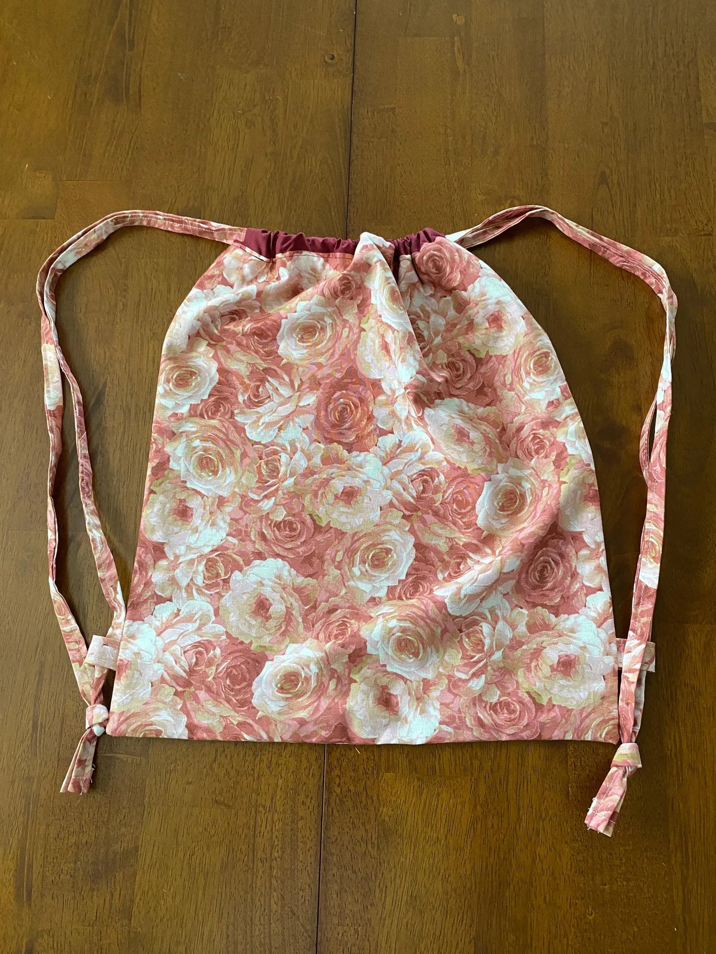 Handmade Child Pink Roses Backpack With Draw Straps
