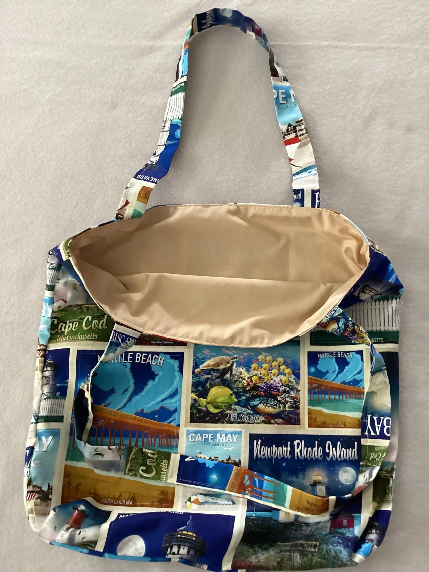 Handmade Reversible Lined Medium Size Tote Bag of Lighthouses