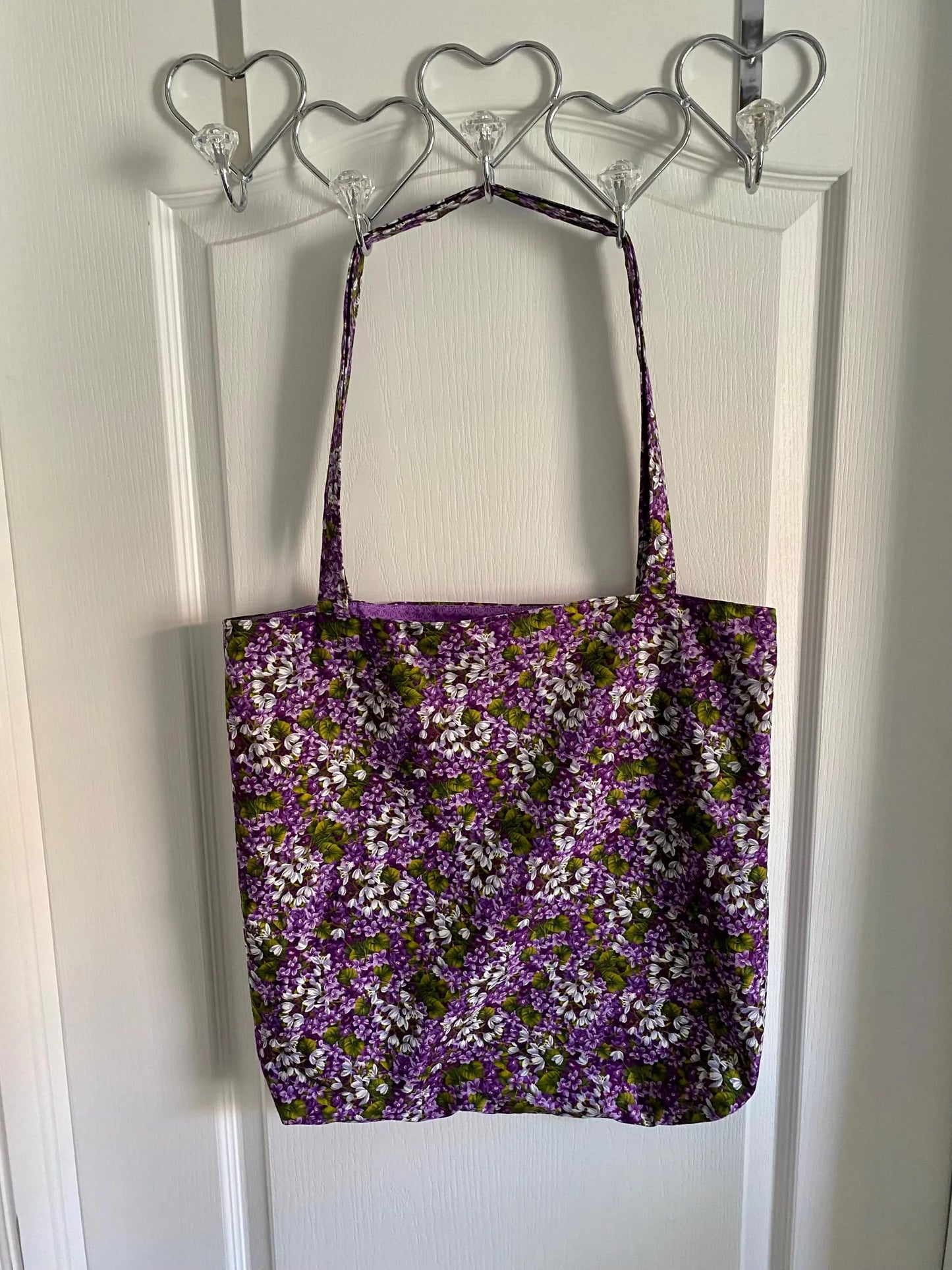 Handmade Reversible Lined Large Size Tote Bag with Purple and White Flowers