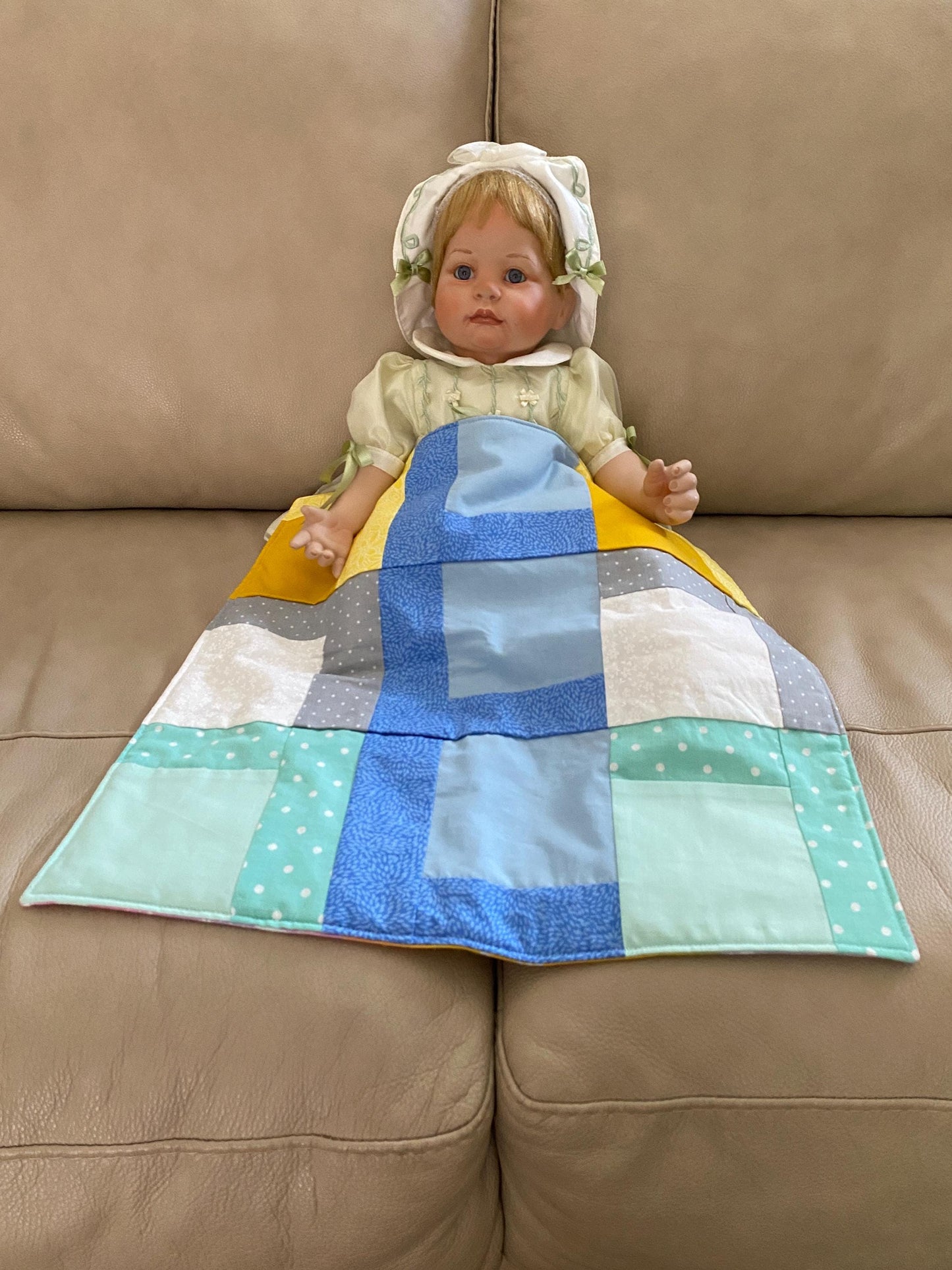 Handmade Baby Doll Quilted Blanket with Colorful Blocks and Blue Rows
