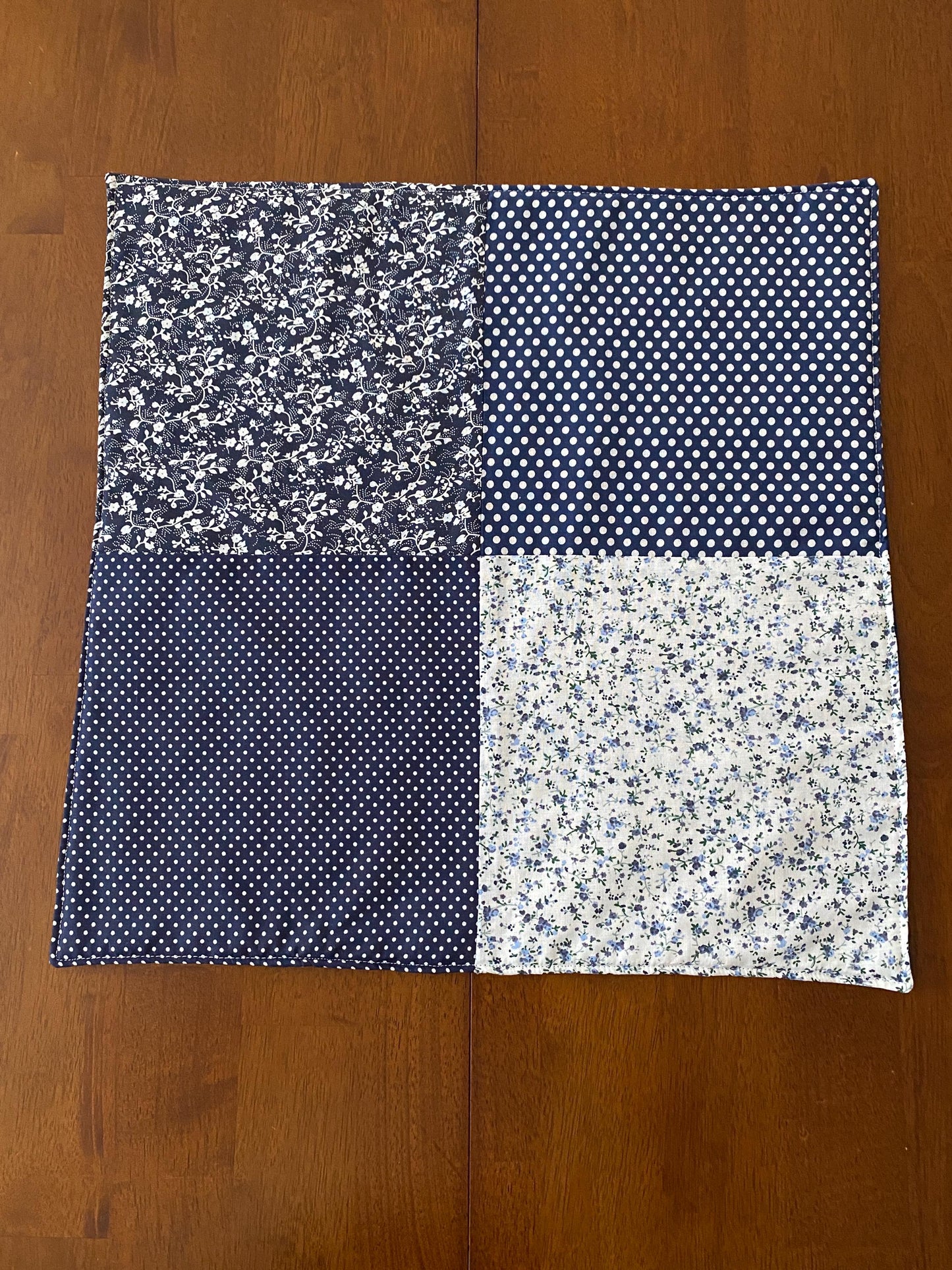 Handmade Baby Doll Quilted Blanket with Polka Dots and Flower Blocks Navy