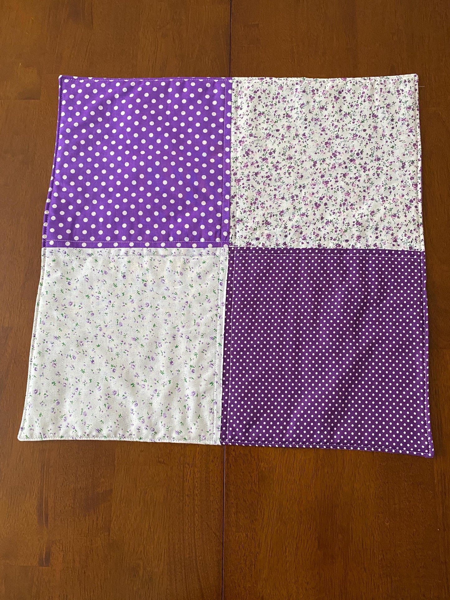 Handmade Baby Doll Quilted Blanket with Polka Dots and Flower Blocks Purple
