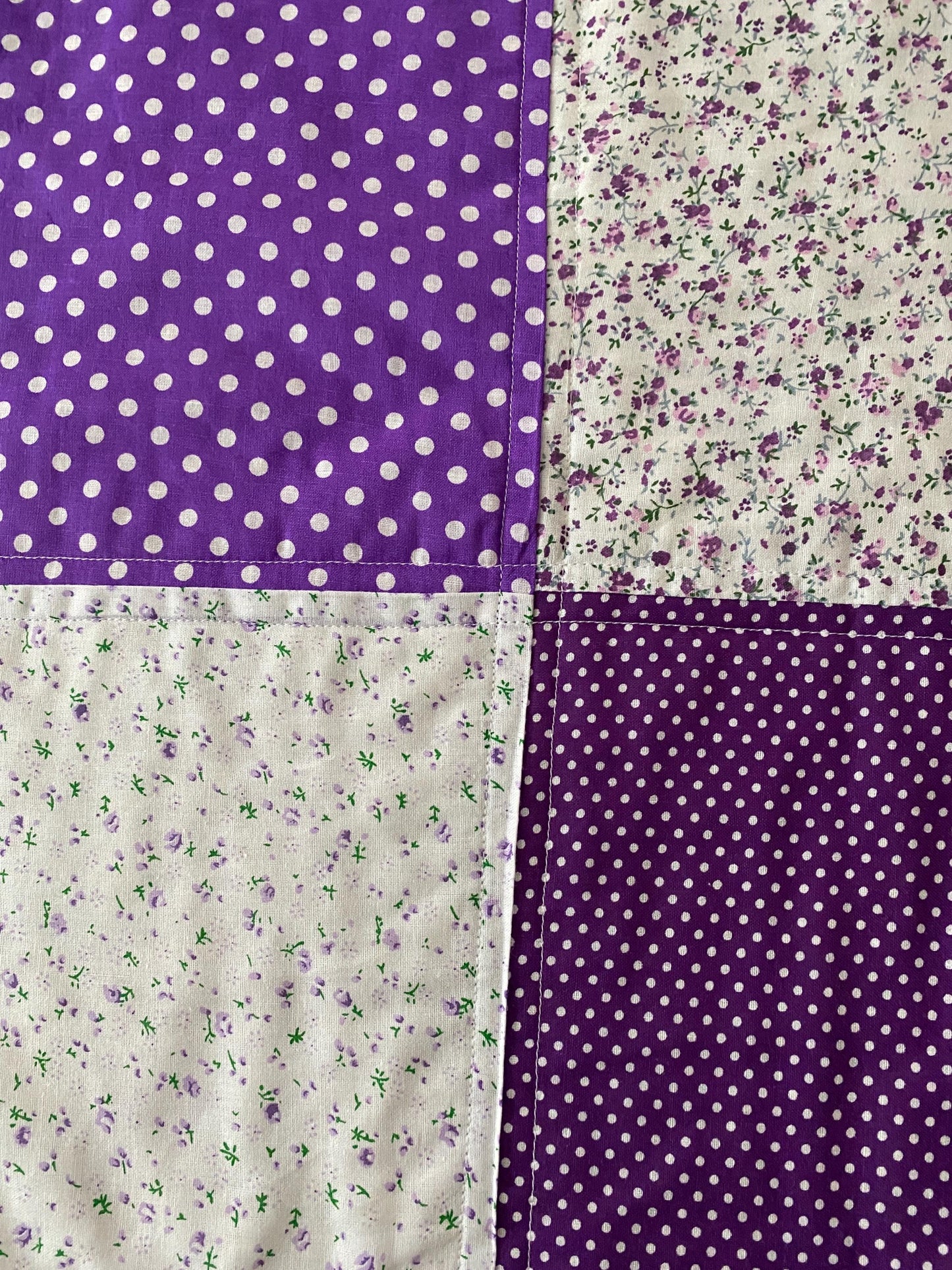 Handmade Baby Doll Quilted Blanket with Polka Dots and Flower Blocks Purple