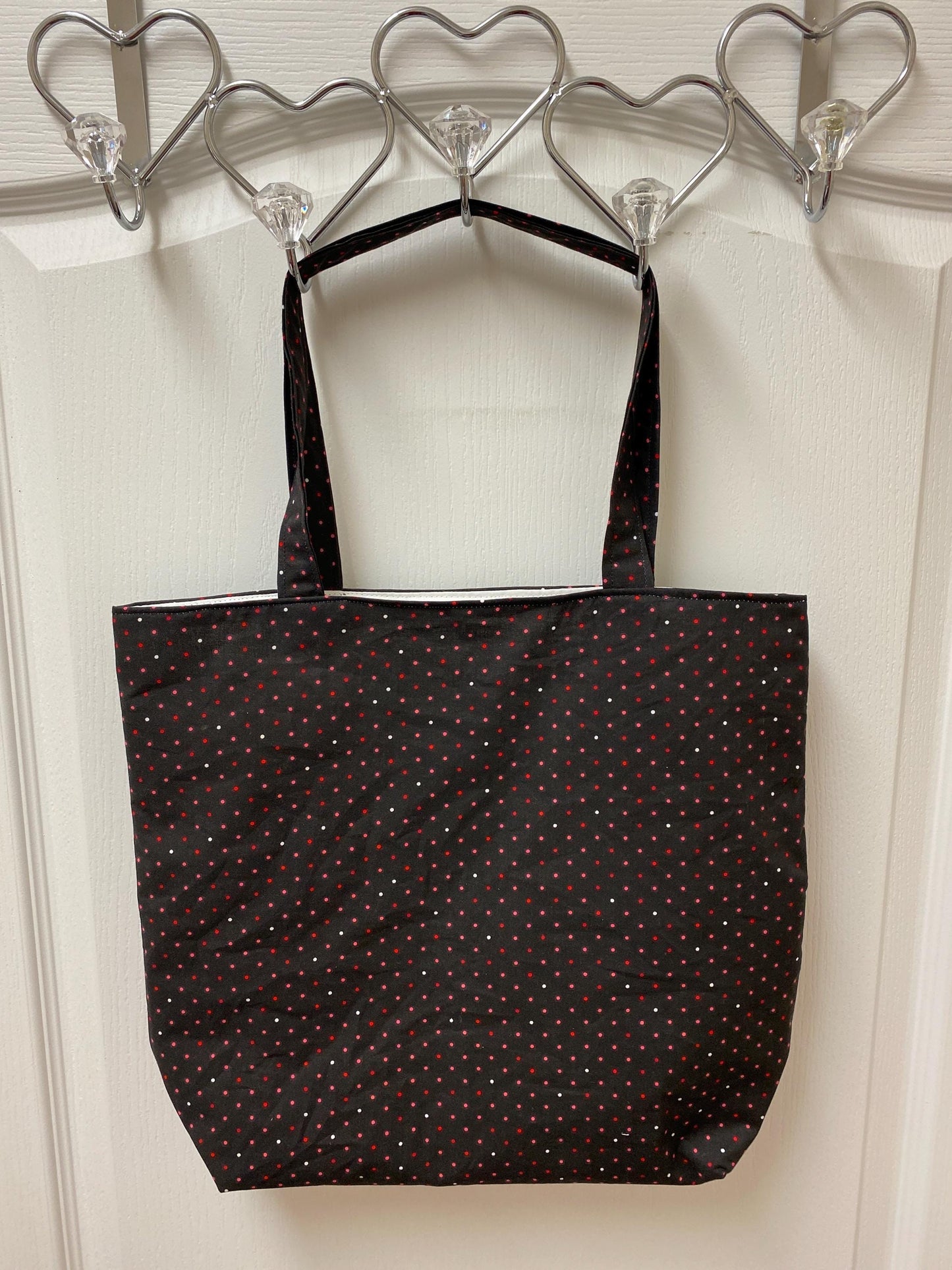Handmade Lined Large Size Polka Dot on Black Reversible Tote Bag