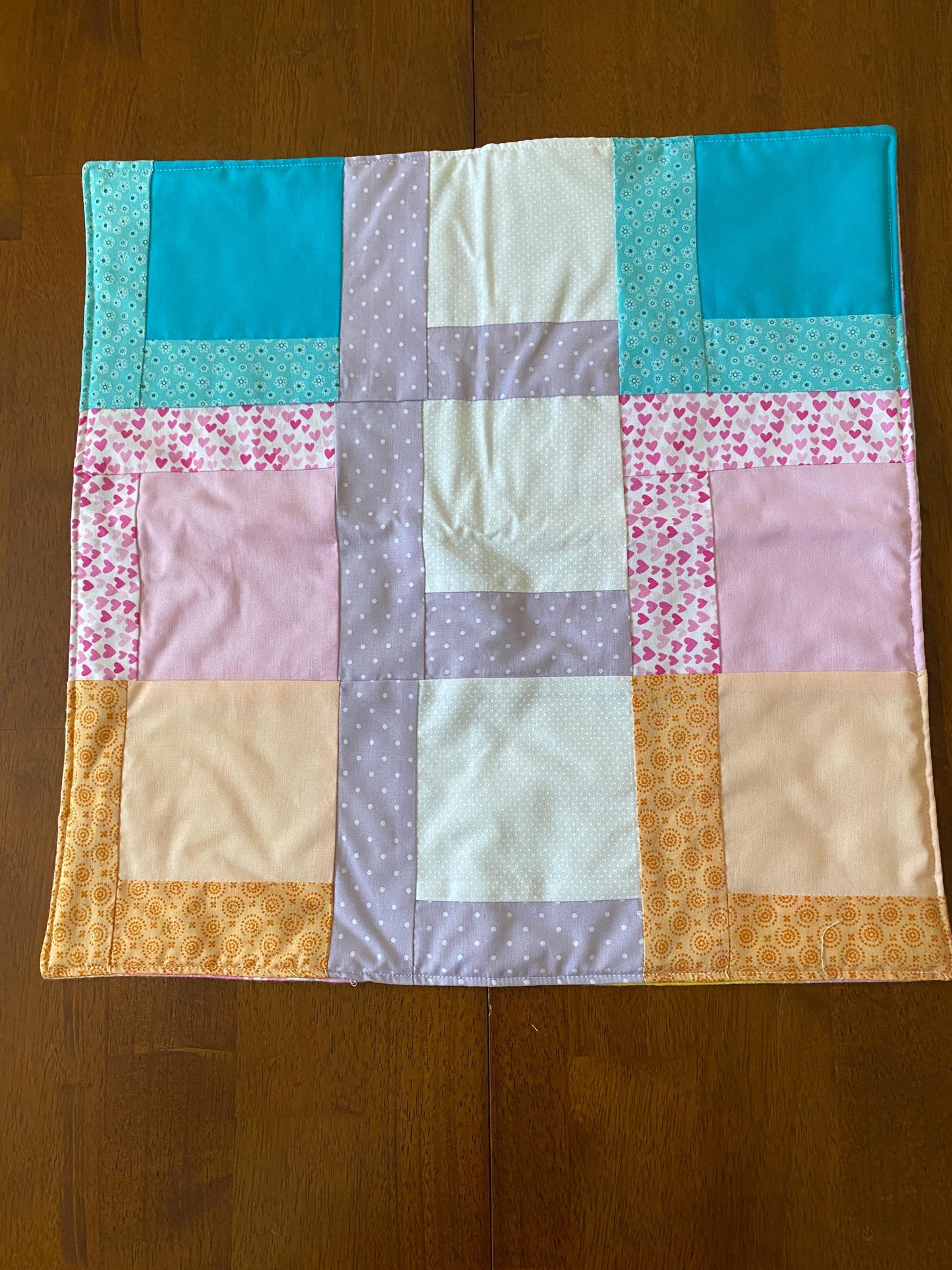 Handmade Baby Doll Quilted Blanket with Colorful Blocks and Purple Rows