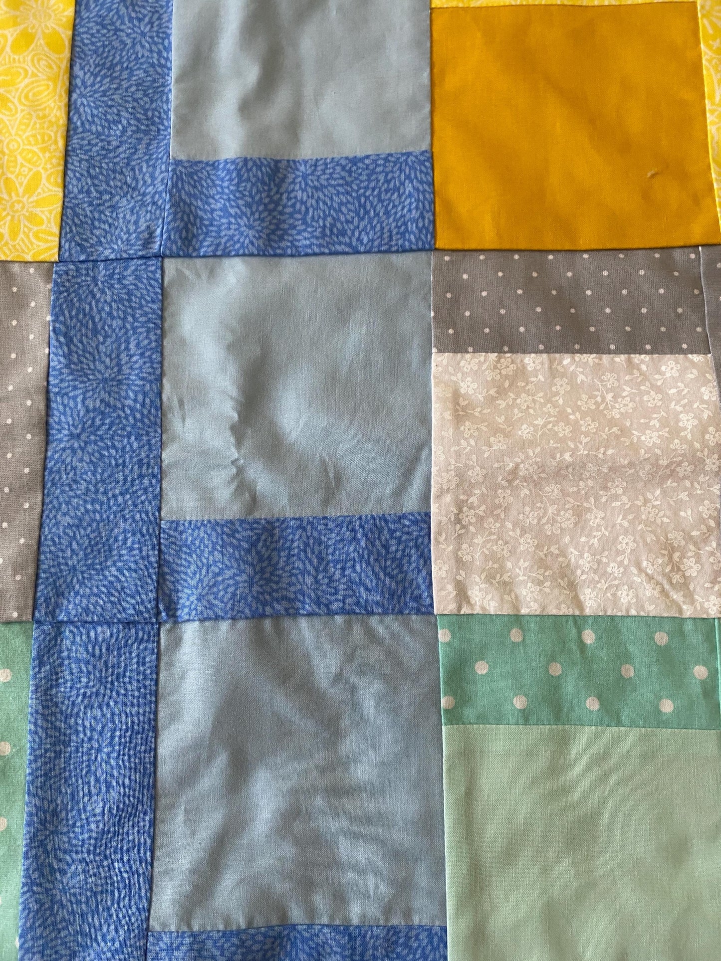 Handmade Baby Doll Quilted Blanket with Colorful Blocks and Blue Rows