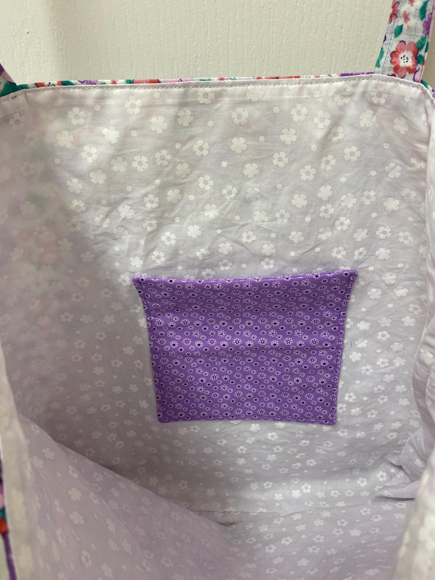 Handmade Lined Large Size Purple and Pink Flowers Reversible Tote Bag