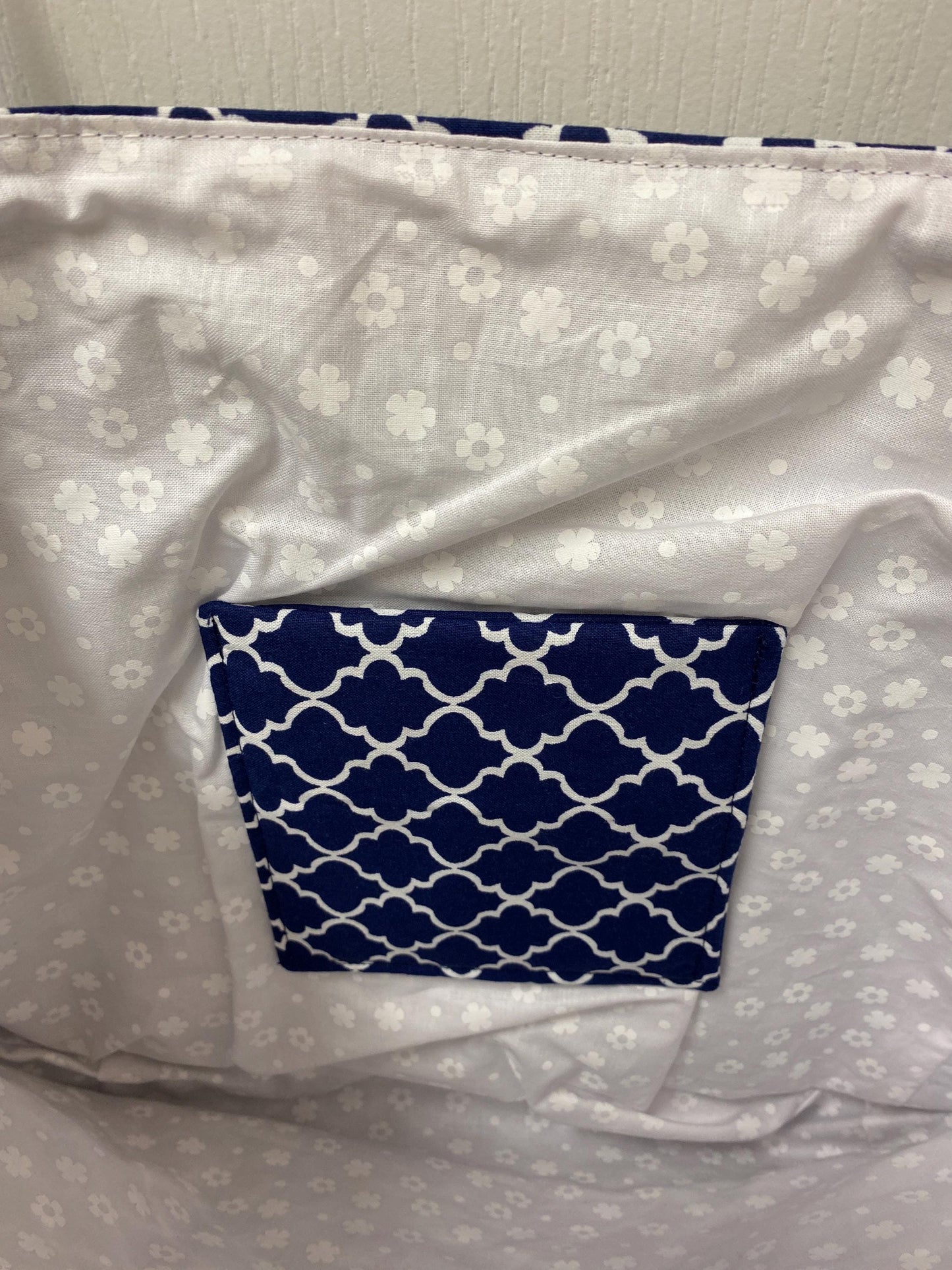 Handmade Lined Large Size Navy and White Designs Reversible Tote Bag