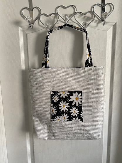 Handmade Lined Large Size Daisy Flowers Reversible Tote Bag