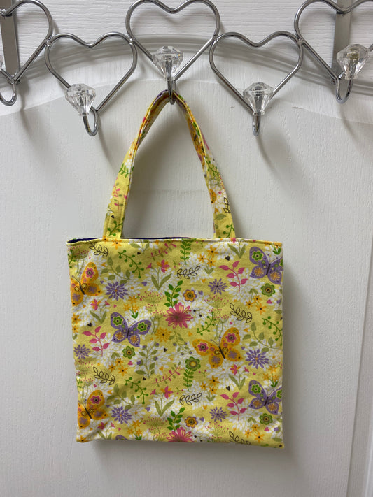 Handmade Flannel Lined Child Flowers and Butterflies Reversible Tote Bag Purple Lining