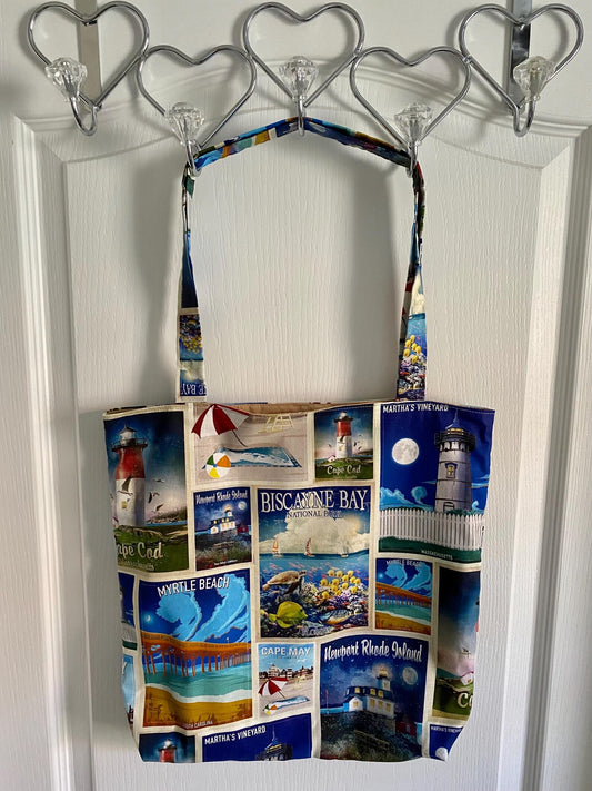 Handmade Reversible Lined Medium Size Tote Bag of Lighthouses