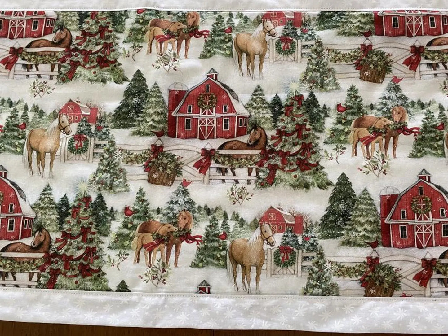 Handmade XMAS Holiday Table Runner Horses and Red Barn