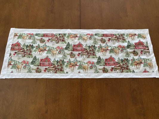 Handmade XMAS Holiday Table Runner Horses and Red Barn