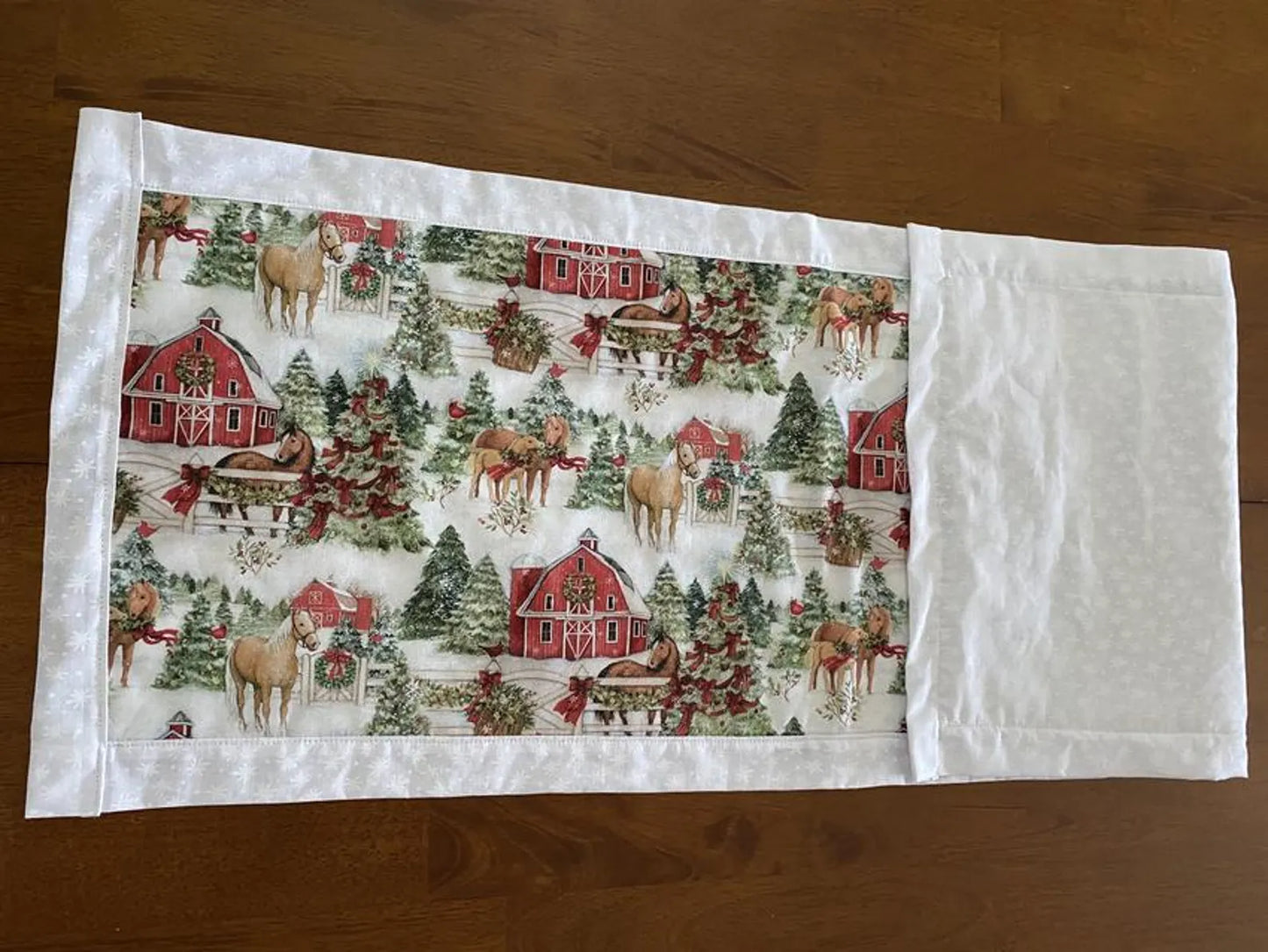 Handmade XMAS Holiday Table Runner Horses and Red Barn