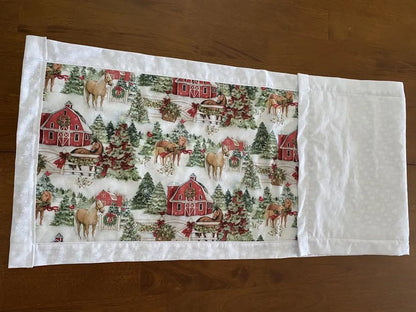 Handmade XMAS Holiday Table Runner Horses and Red Barn