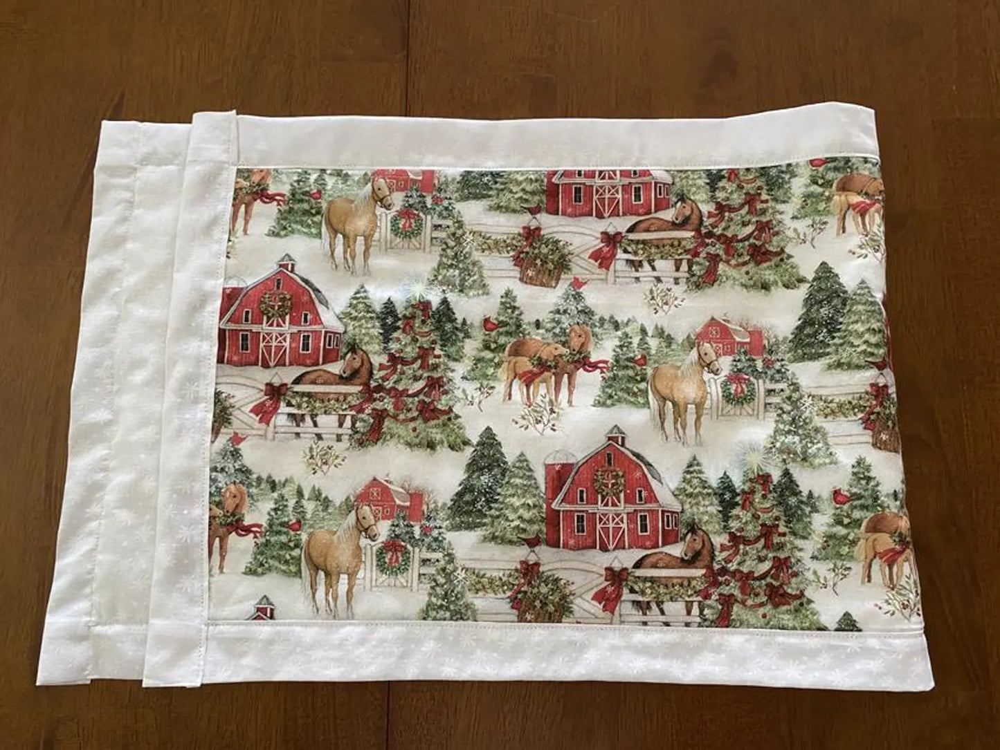 Handmade XMAS Holiday Table Runner Horses and Red Barn