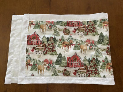 Handmade XMAS Holiday Table Runner Horses and Red Barn