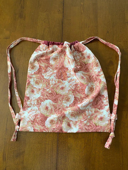 Handmade Child Pink Roses Backpack With Draw Straps