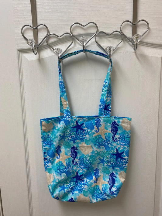 Handmade Reversible Large Tote Bag with Seahorses & Seashells