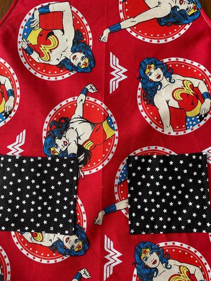Reversible Child Apron with Pockets Featuring Wonder Women