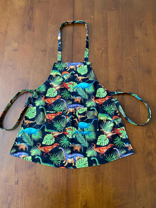 Reversible Child Apron with Pockets Featuring Dinosaurs