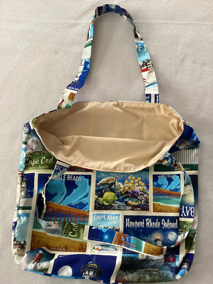 Handmade Reversible Lined Medium Size Tote Bag of Lighthouses