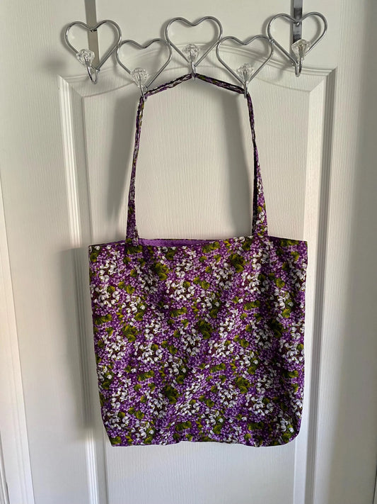 Handmade Reversible Lined Large Size Tote Bag with Purple and White Flowers