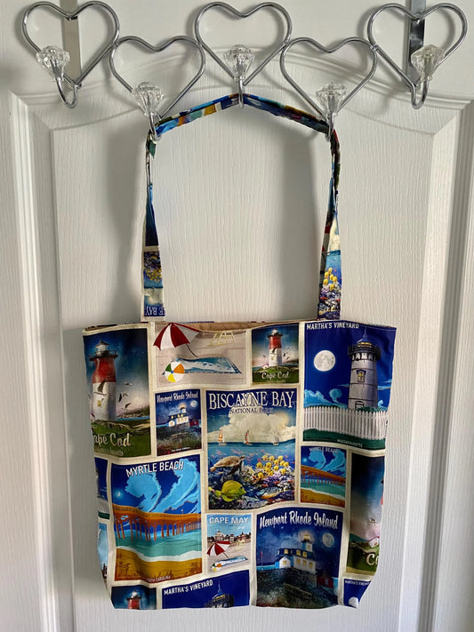 Handmade Reversible Lined Medium Size Tote Bag of Lighthouses