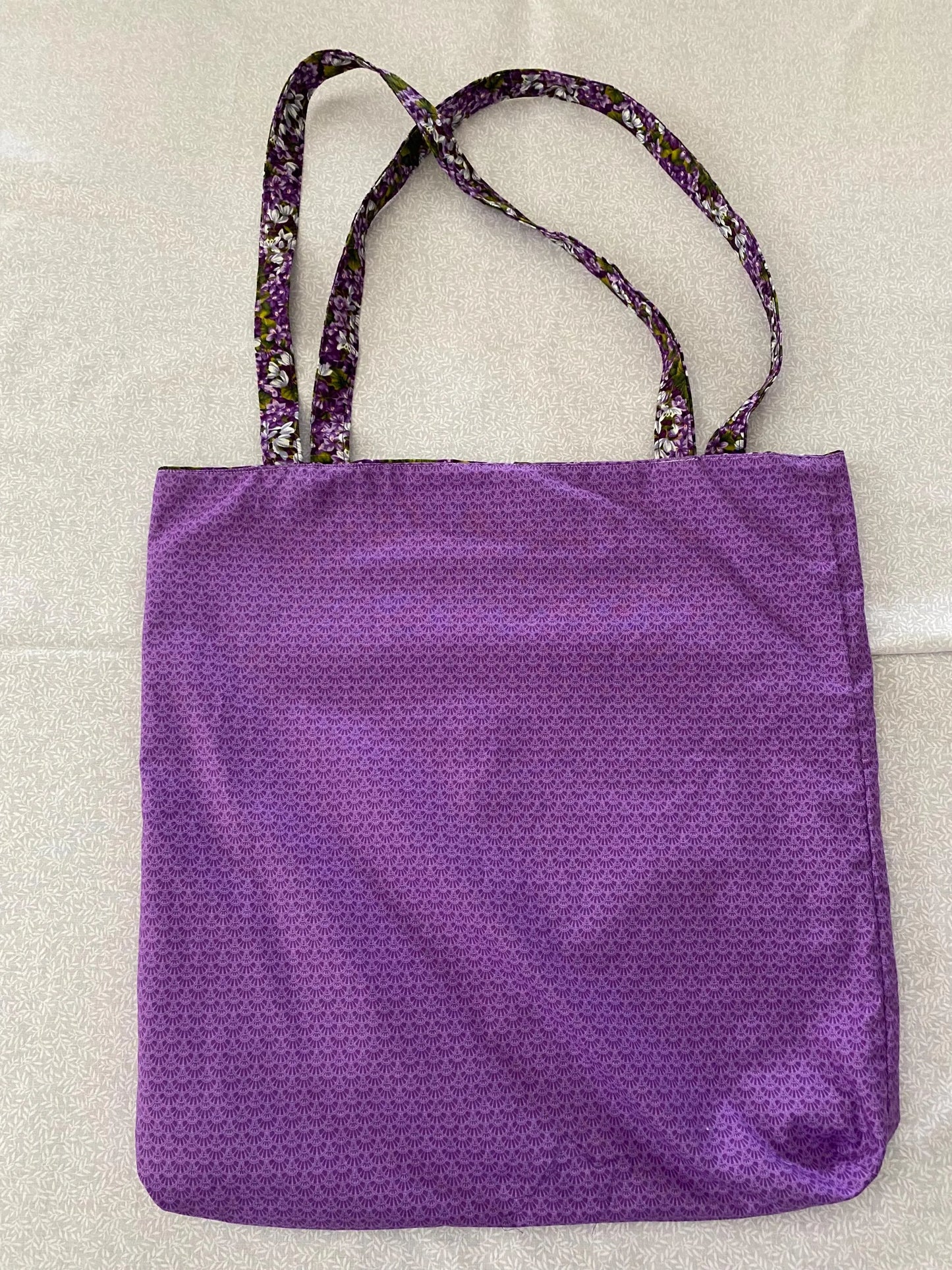 Handmade Reversible Lined Large Size Tote Bag with Purple and White Flowers