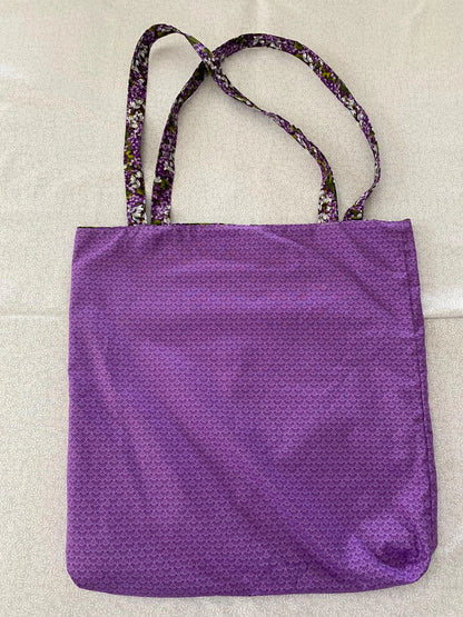 Handmade Reversible Lined Large Size Tote Bag with Purple and White Flowers