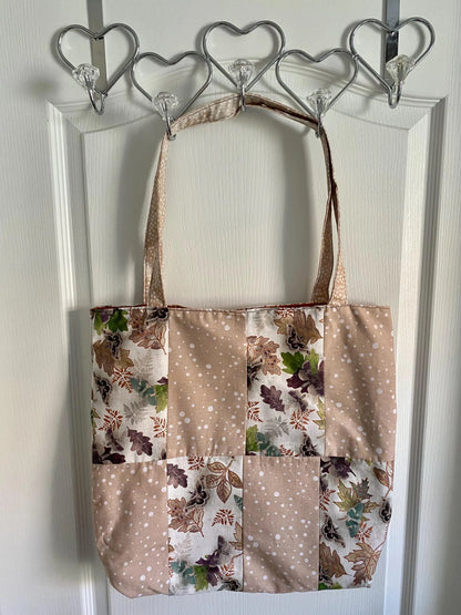 Handmade Reversible Lined Large Size Tote Bag with Falling Leaves