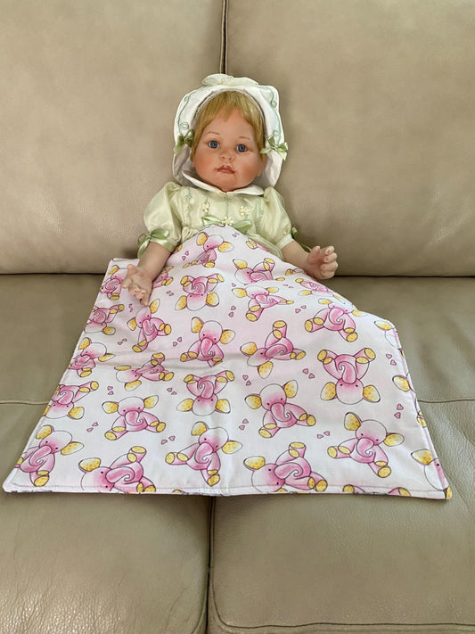Handmade Baby Doll Quilted Blanket with Colorful Baby Elephants