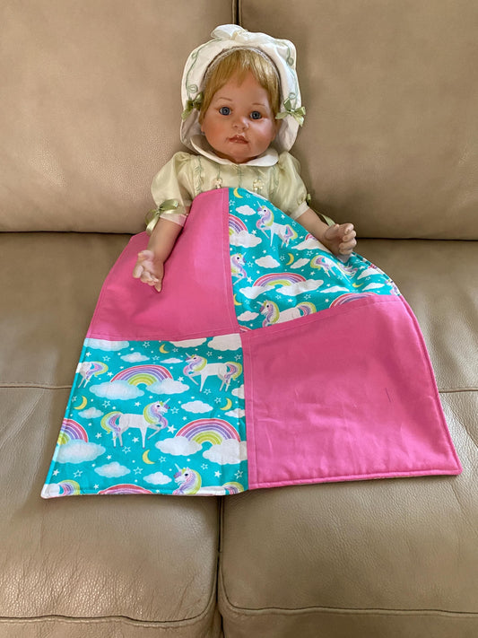 Handmade Baby Doll Quilted Blanket with Unicorns and Rainbows