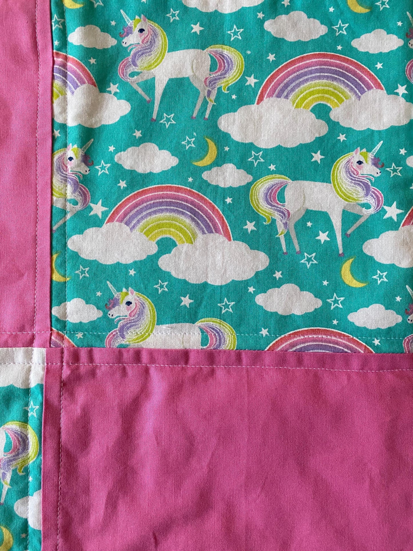 Handmade Baby Doll Quilted Blanket with Unicorns and Rainbows