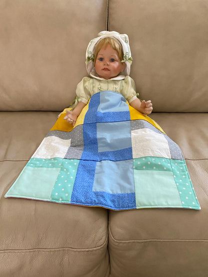 Handmade Baby Doll Quilted Blanket with Colorful Blocks and Blue Rows