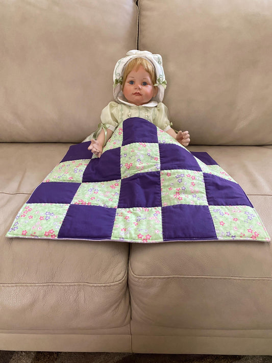 Handmade Baby Doll Quilted Blanket with Colorful Blocks and Flowers