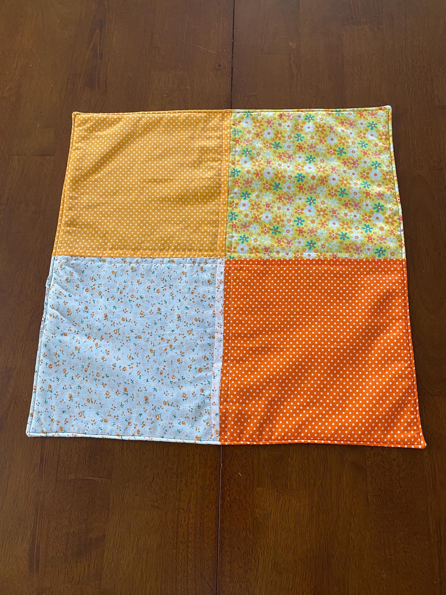 Handmade Baby Doll Quilted Blanket with Polka Dots and Flower Blocks Yellow Orange