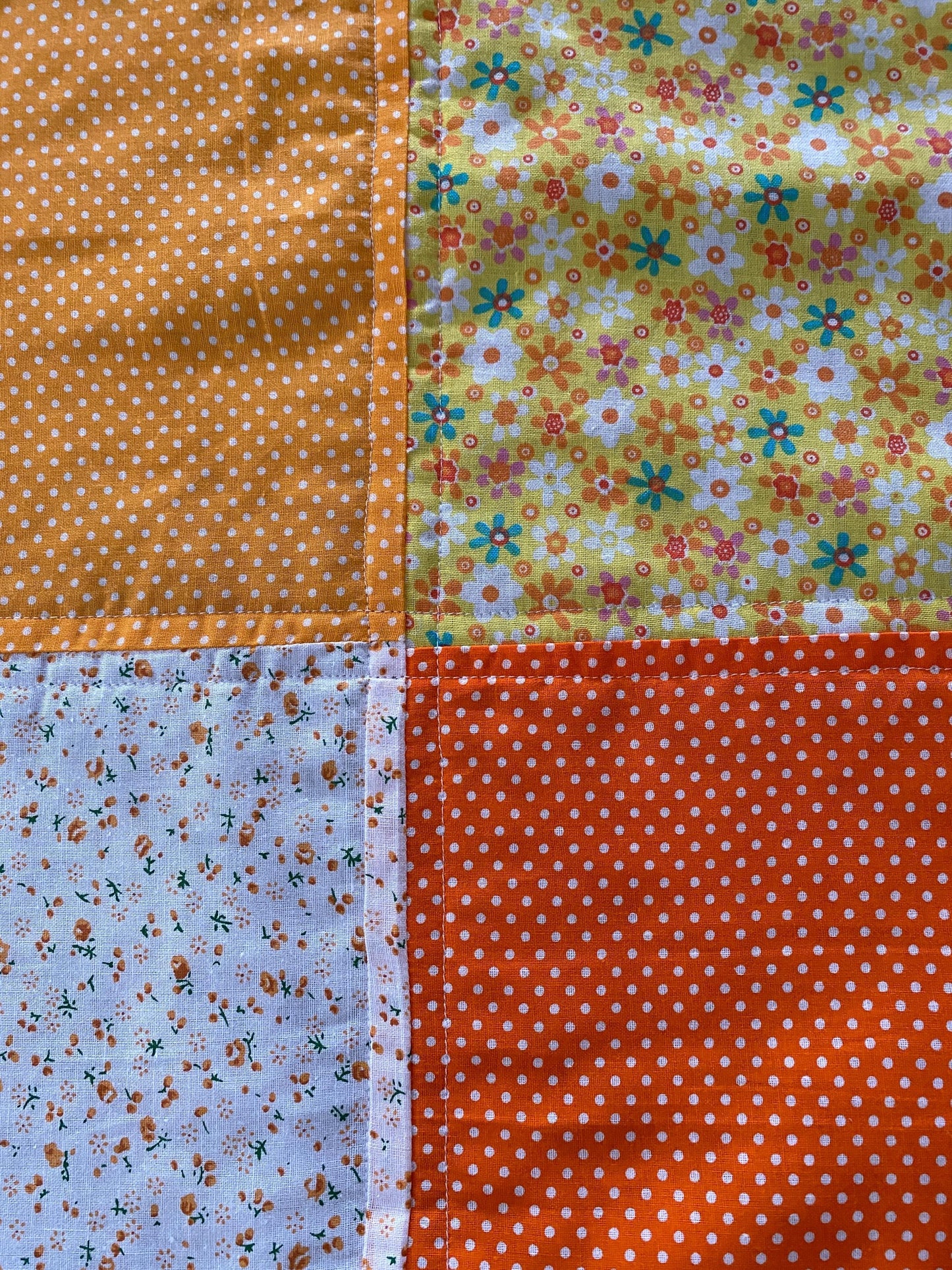 Handmade Baby Doll Quilted Blanket with Polka Dots and Flower Blocks Yellow Orange