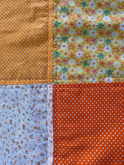 Handmade Baby Doll Quilted Blanket with Polka Dots and Flower Blocks Yellow Orange