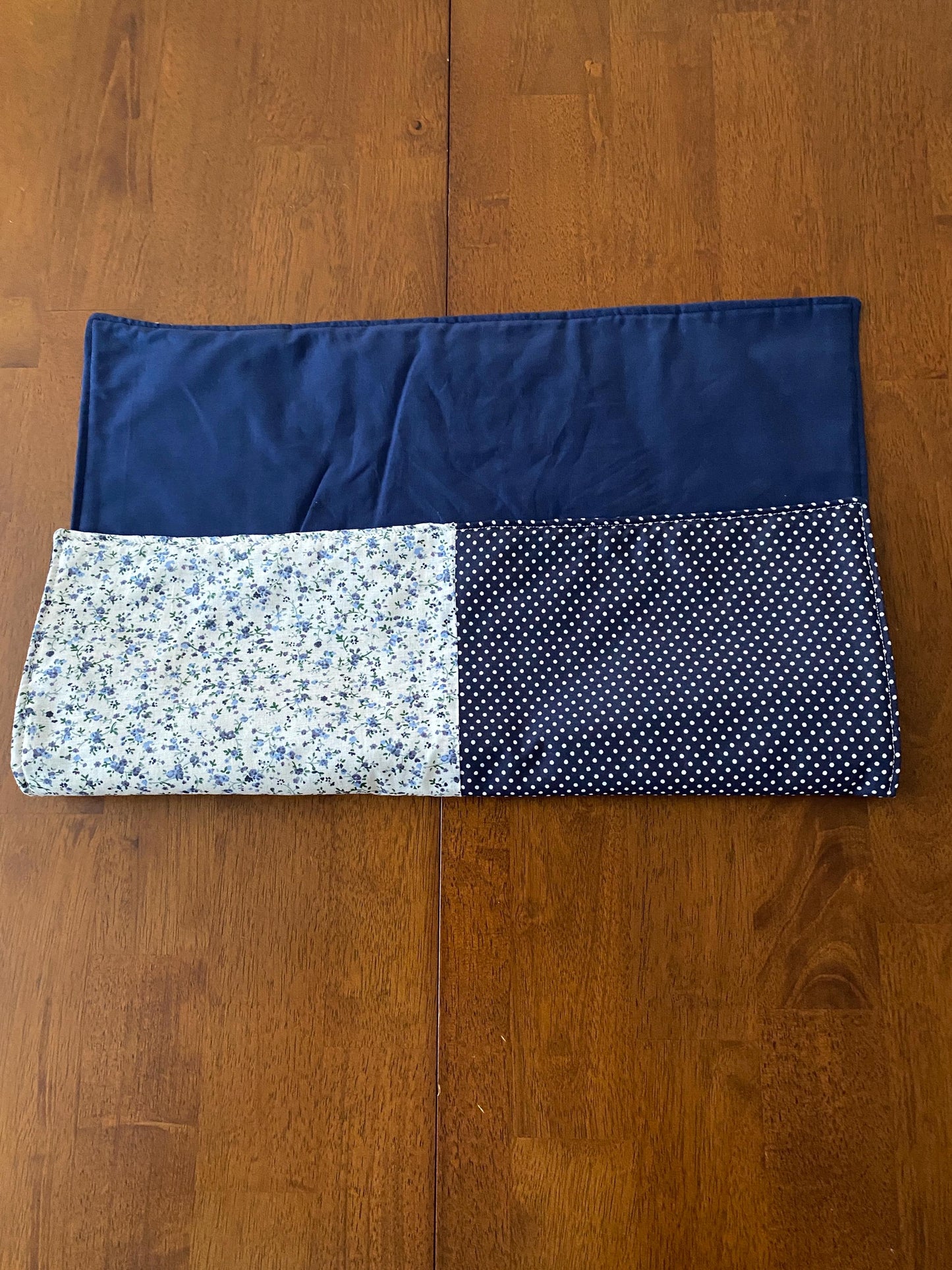 Handmade Baby Doll Quilted Blanket with Polka Dots and Flower Blocks Navy