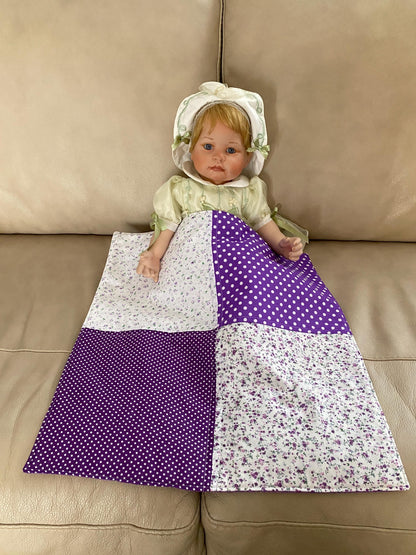 Handmade Baby Doll Quilted Blanket with Polka Dots and Flower Blocks Purple