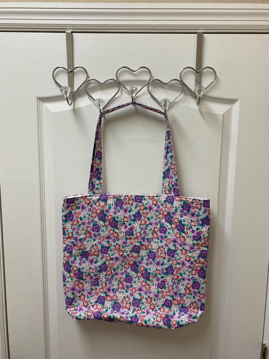 Handmade Lined Large Size Purple and Pink Flowers Reversible Tote Bag