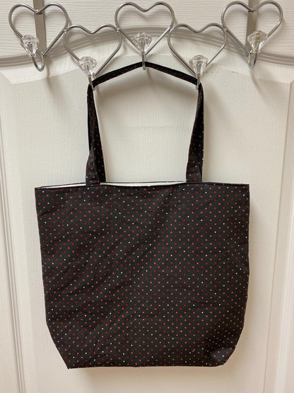 Handmade Lined Large Size Polka Dot on Black Reversible Tote Bag