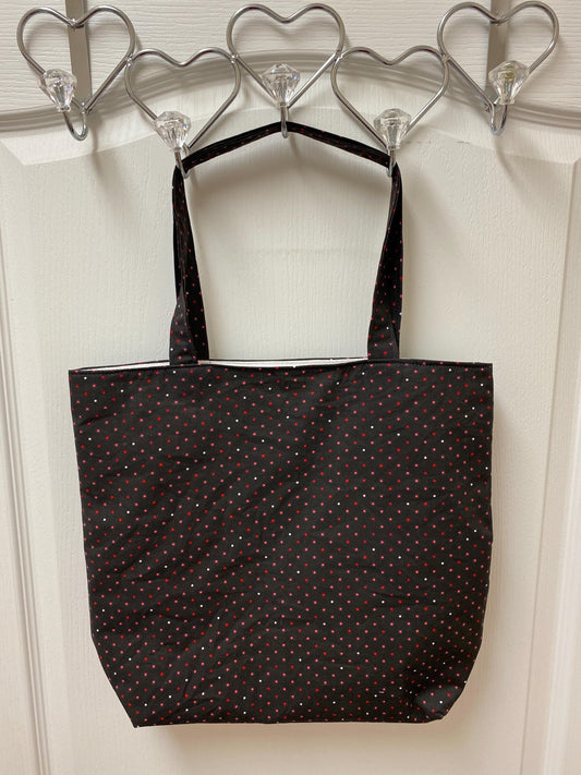 Handmade Lined Large Size Polka Dot on Black Reversible Tote Bag