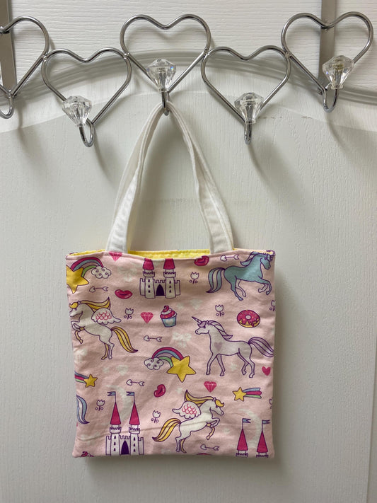 Handmade Lined Child Unicorns Reversible Tote Bag Yellow Lining