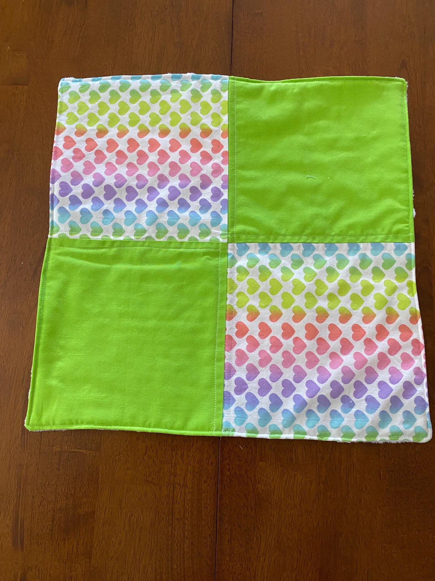 Handmade Baby Doll Quilted Blanket with Colorful Hearts and Minky Back