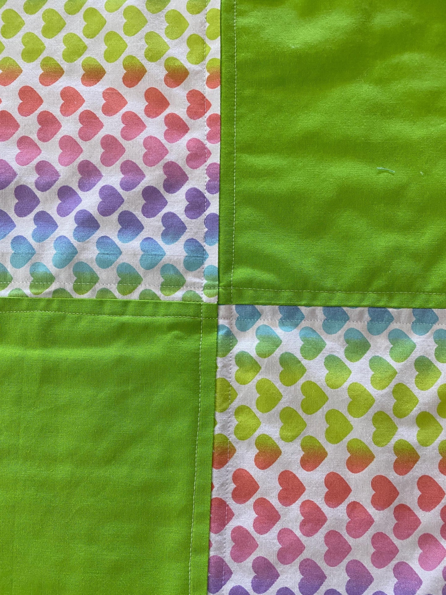 Handmade Baby Doll Quilted Blanket with Colorful Hearts and Minky Back