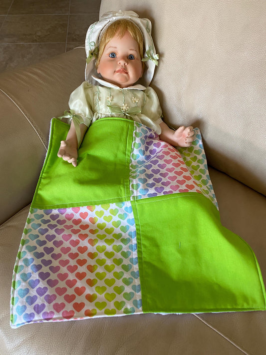 Handmade Baby Doll Quilted Blanket with Colorful Hearts and Minky Back